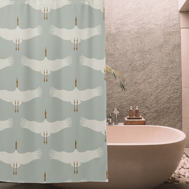 Dusty Blue Neutral Birds Cranes Art Deco Pattern  Shower Curtain (Dusty Blue Neutral Birds Cranes Art Deco Pattern Shower Curtain)