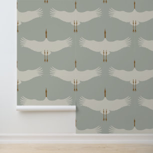 Dusty Blue Neutral Birds Cranes Art Deco Pattern  Wallpaper