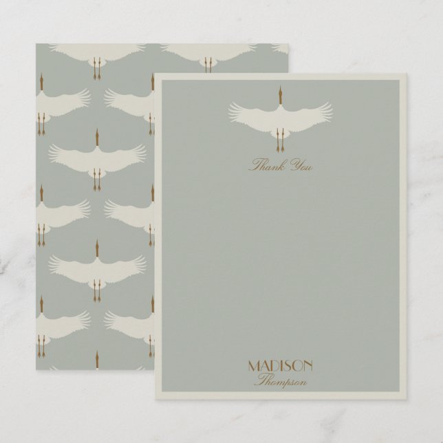 Dusty Blue Neutral Birds Swans Art Deco Monogram Thank You Card (Front/Back)