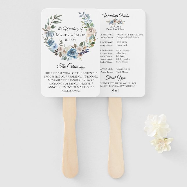 Dusty Blue Neutral Floral Wedding Program Fans (Front and Back)