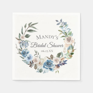 Dusty Blue Neutral Floral Wreath Personalised Napkin