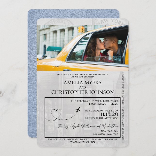Dusty Blue New York City Passport Wedding Invitation (Front/Back)