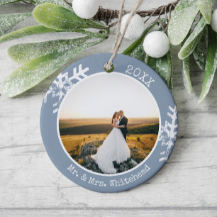 Dusty Blue Newlywed Snowflake 1st Christmas Ceramic Ornament