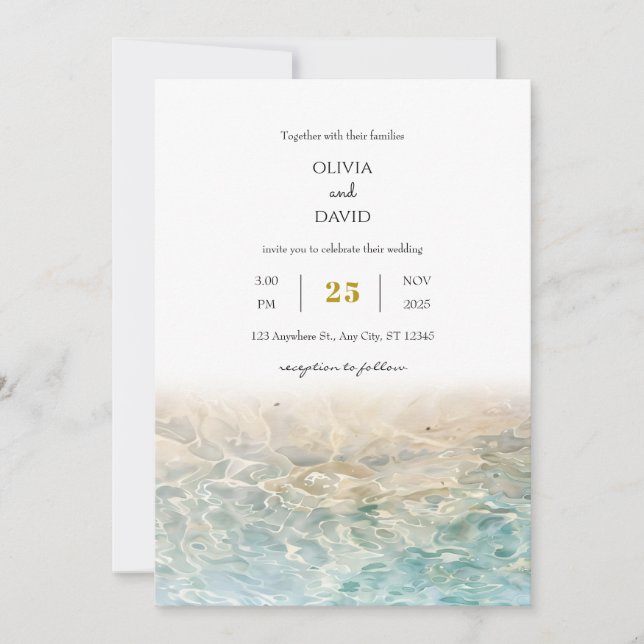 Dusty Blue Ocean Ripples White Sandy Beach Wedding Invitation (Front)