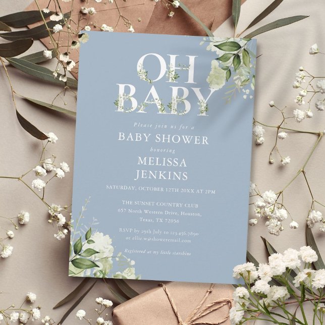 Dusty Blue Oh Baby Botanical Greenery Baby Shower Invitation (Dusty Blue Oh Baby Botanical Greenery Baby Shower Invitation)