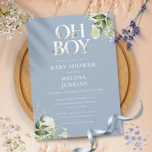 Dusty Blue Oh Boy Botanical Greenery Baby Shower Invitation (Creator Uploaded)