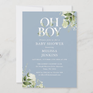 Dusty Blue Oh Boy Greenery All In One Baby Shower Invitation