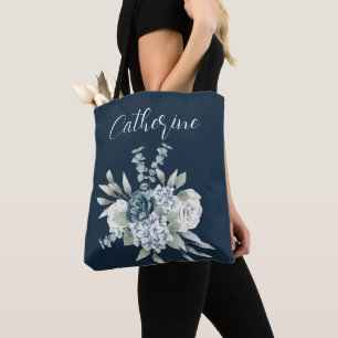 Dusty Blue One Side Script Personalised Name Boho  Tote Bag