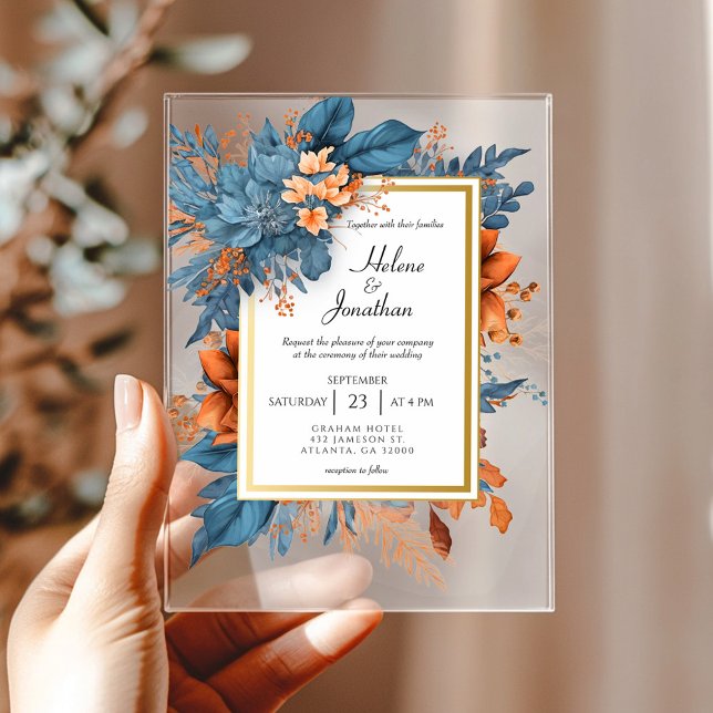 Dusty Blue Orange Floral Elegant Boho Wedding Acrylic Invitations (Dusty Blue Orange Floral Elegant Boho Wedding Acrylic Invitations)