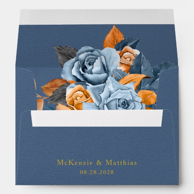 Dusty Blue Orange Gold Peony Rose Wedding Envelope (Back (Bottom))