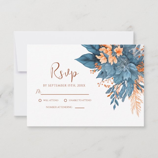 Dusty Blue Orange Terracotta Elegant Wedding RSVP Card (Front)