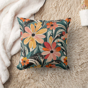 Dusty Blue & Orange Vintage Modern Floral Cushion