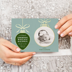 Dusty Blue Ornament Baby Announcement Holiday Card