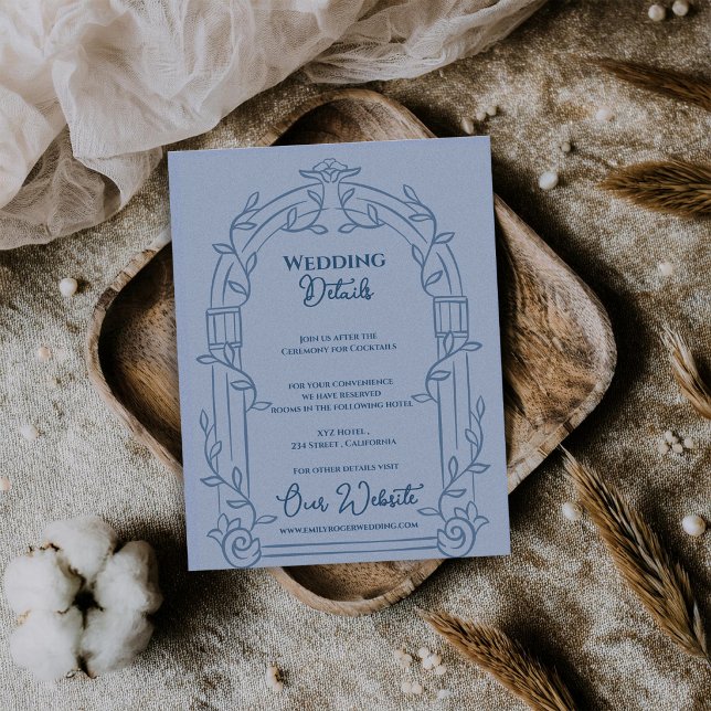 Dusty Blue Ornate Arch Botanical Wedding Details Enclosure Card (Dusty Blue Ornate Arch Botanical Wedding Details Card | Elegant Wedding Information Enclosure)