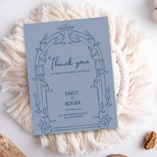 Dusty Blue Ornate Arch Botanical Wedding Thank You Postcard