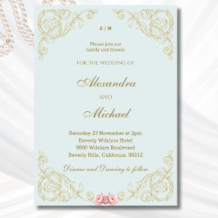 Dusty Blue Ornate Vintage Baroque Wedding  Invitation