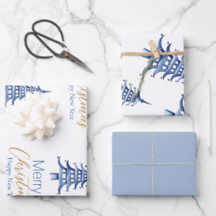 Dusty Blue Pagoda Wrapping Paper Sheet