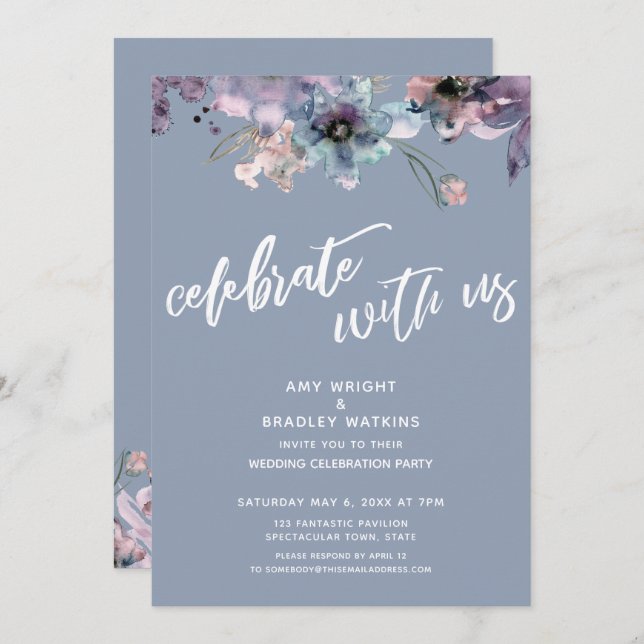 Dusty Blue Painted Floral Celebrate with Us Invitation (Front/Back)