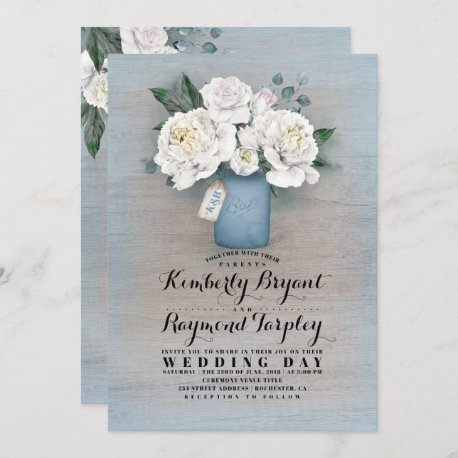 Dusty Blue Painted Mason Jar Rustic Floral Wedding Invitation (Front/Back)