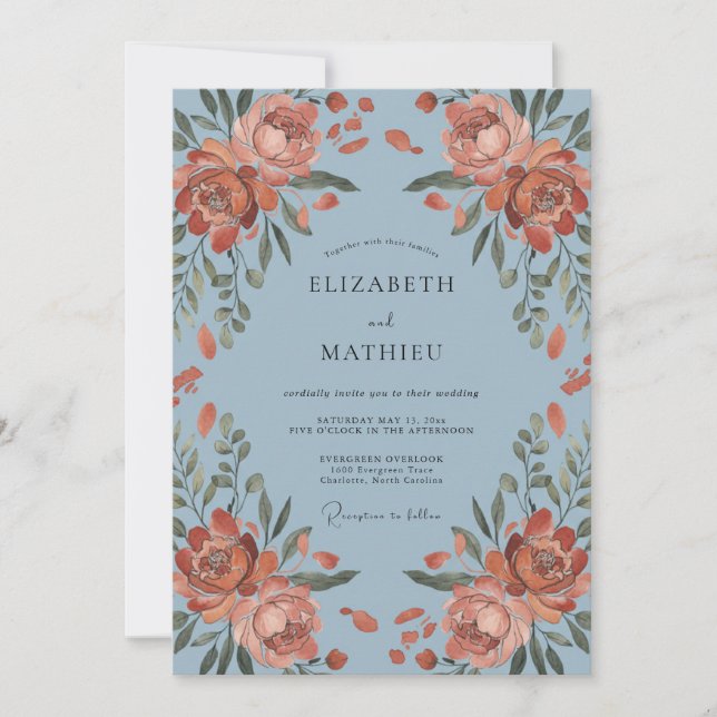 Dusty Blue Painted Peony Wedding Invitation (Front)