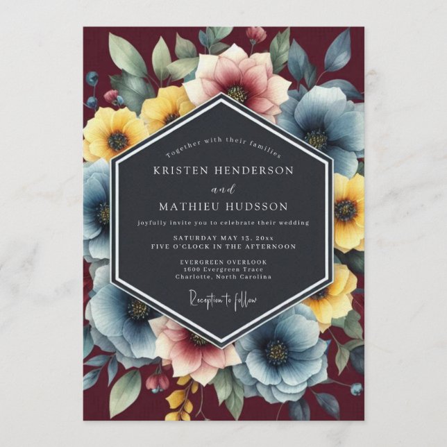 Dusty Blue Painterly Bloom Wedding Invitation (Front)