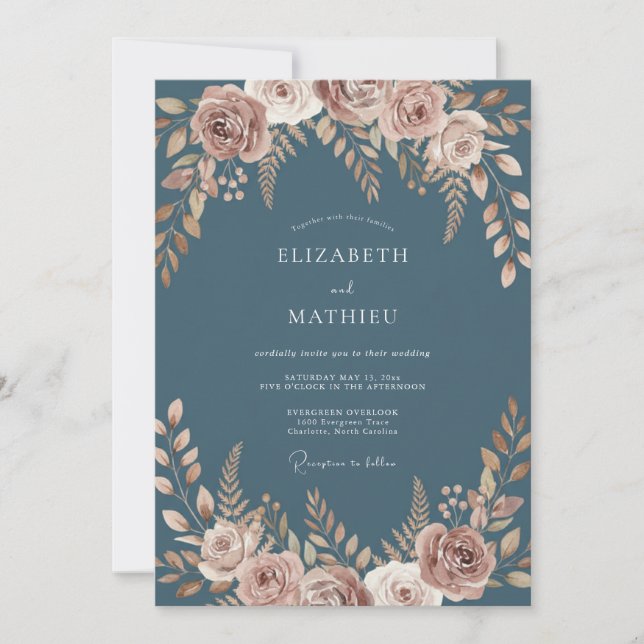 Dusty Blue Painterly Flourish Wedding Invitation (Front)