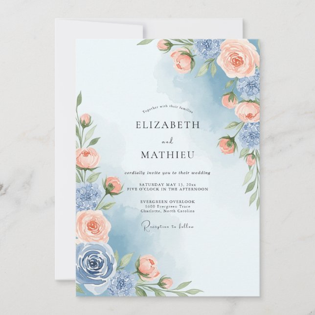 Dusty Blue Painterly Spring Wedding Invitation (Front)