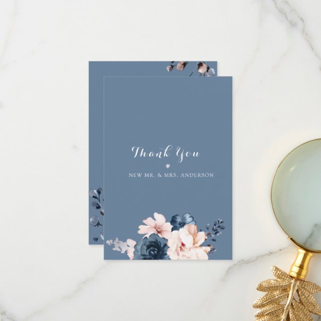 Dusty Blue, Pale Pink Floral Wedding  Thank You Card (Front/Back In Situ)