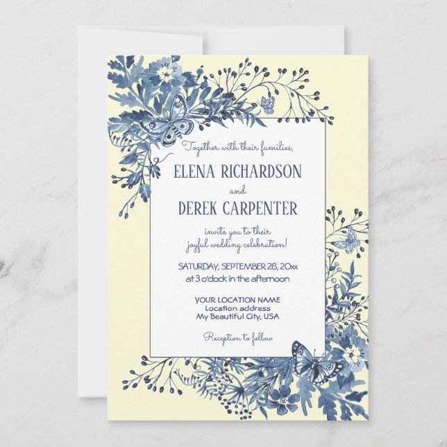 Dusty Blue, Pale Yellow Floral Watercolor Wedding Invitation (Front)