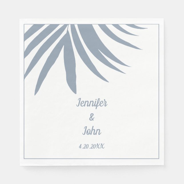 Dusty Blue Palm Leaf Beach Tropical Wedding Napkin (Front)