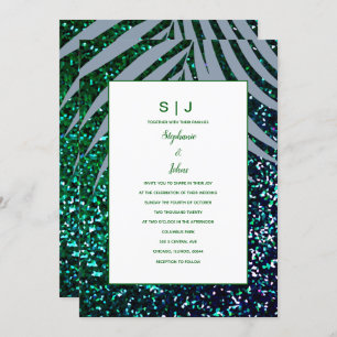 Dusty Blue Palm Leaf Emerald Green Glitter Wedding Invitation