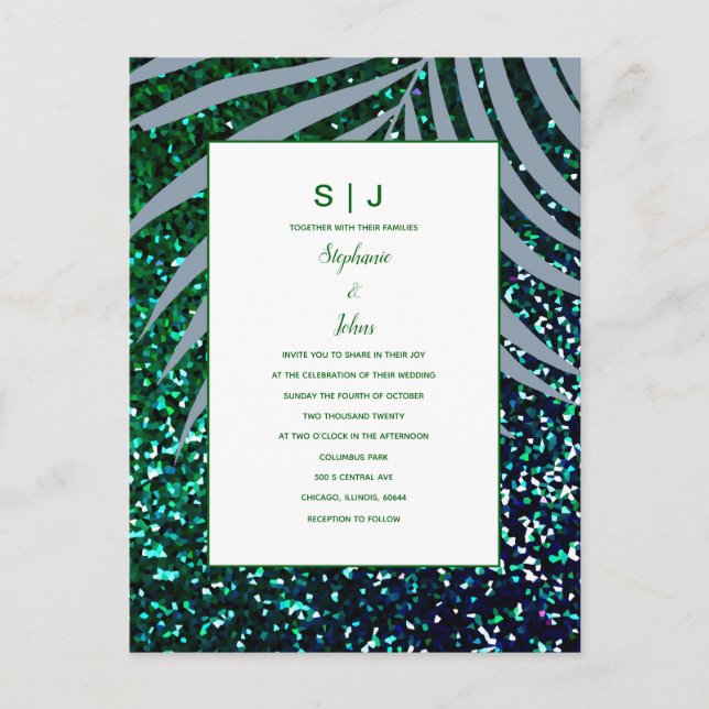 Dusty Blue Palm Leaves Green Glitter Wedding Invitation Postcard (Front)
