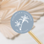 Dusty Blue Palm Tree Beach Tropical Wedding  Classic Round Sticker<br><div class="desc">These dusty blue tropical wedding stickers feature two palm trees encircled at the top and bottom with the names of the bride and groom and the wedding date. Please see the collection for the matching wedding invitation suite and more matching products.</div>