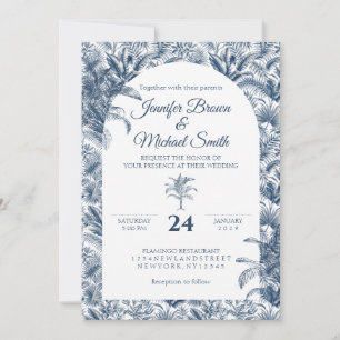 Dusty Blue Palm Tree Botanical Arch Wedding Invitation