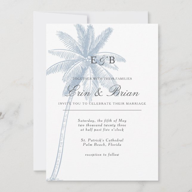 Dusty Blue Palm Tree Wedding Invitation Minimal (Front)