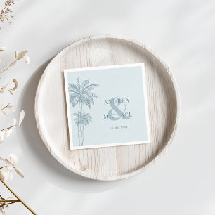 Dusty Blue Palm Trees & Ampersand Beach Wedding Napkin