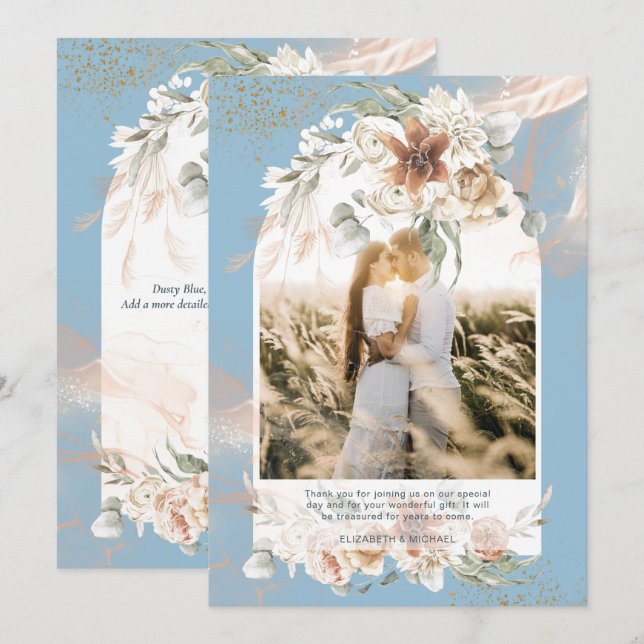 Dusty Blue Pampas Grass Floral PHOTO THANK YOU Card (Front/Back)