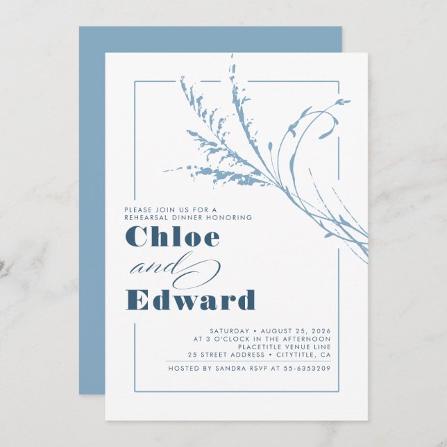 Dusty Blue Pampas Grass Modern Rehearsal Dinner Invitation (Front/Back)