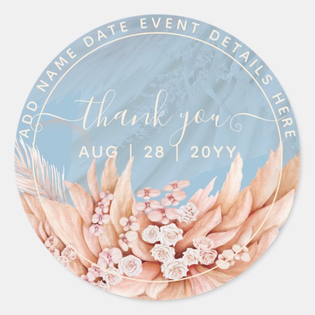 Dusty Blue Pampas Grass Thank You Favour Classic R Classic Round Sticker (Front)