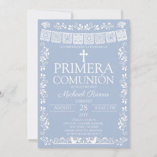 Dusty Blue Papel Picado Primera Comunión Invitation
