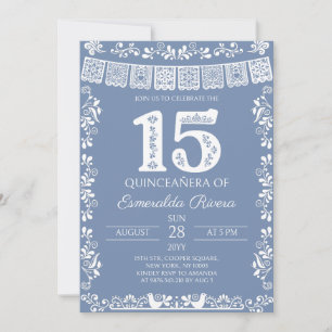 Dusty Blue Papel Picado Quinceañera 15th Birthday Invitation