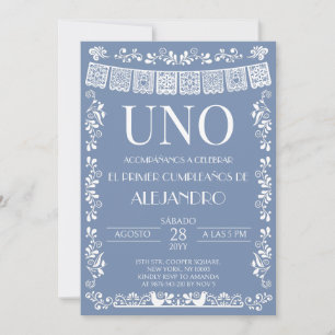 Dusty Blue Papel Picado UNO First Birth Invitation