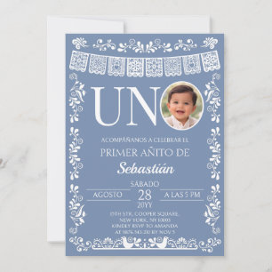 Dusty Blue Papel Picado UNO Photo First Birthday Invitation