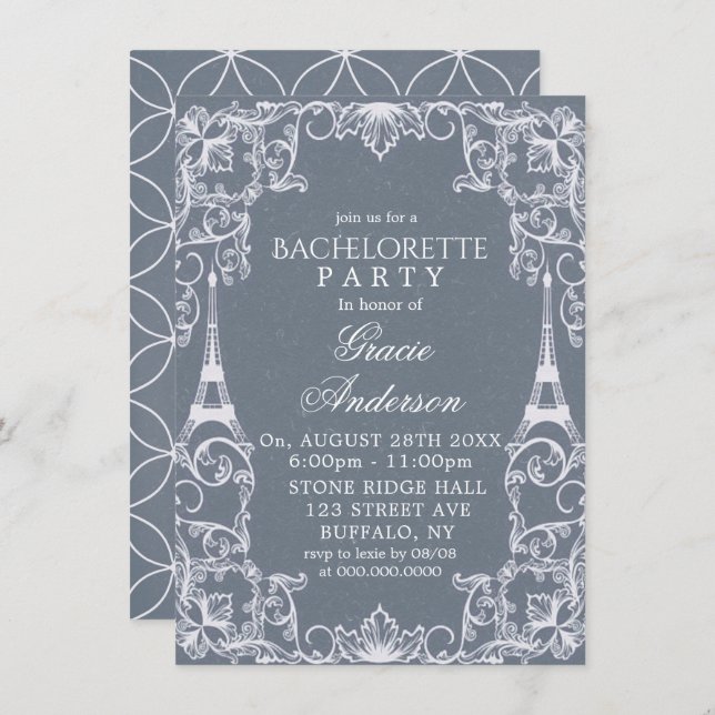Dusty Blue Paris France Bachelorette Party  Invita Invitation (Front/Back)