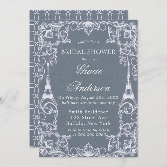 Dusty Blue Paris France Bridal Shower Invitation (Front/Back)