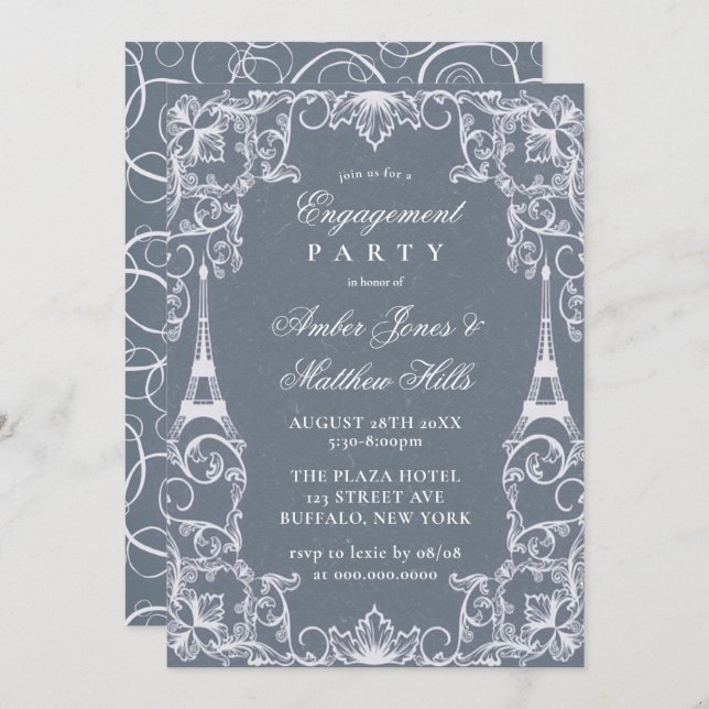 Dusty Blue Paris France Theme Engagement Party  Invitation (Front/Back)