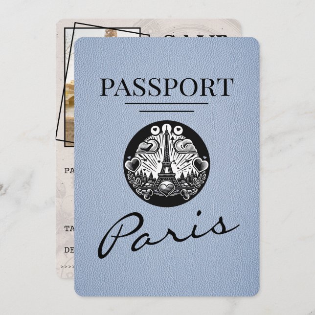 Dusty Blue Paris Passport Save The Date (Front/Back)