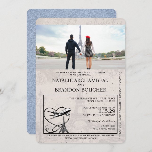 Dusty Blue Paris Passport Wedding Invitation (Front/Back)