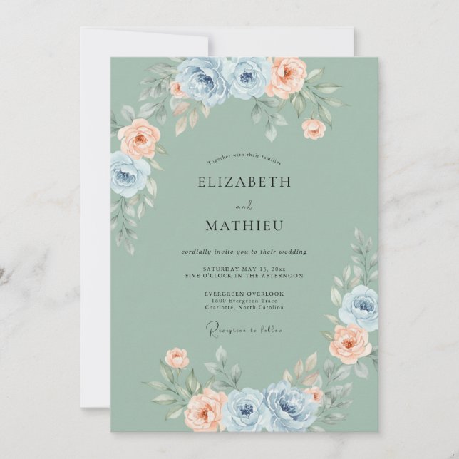 Dusty Blue Pastel Bloom Wedding Invitation (Front)