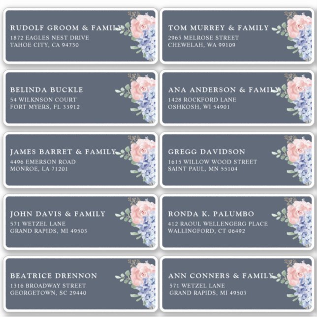 Dusty Blue Pastel hydrangea Guest Name Address (Front)